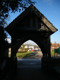 Lytchgate, Slaugham church, with the Chequers beyond Lytchgate